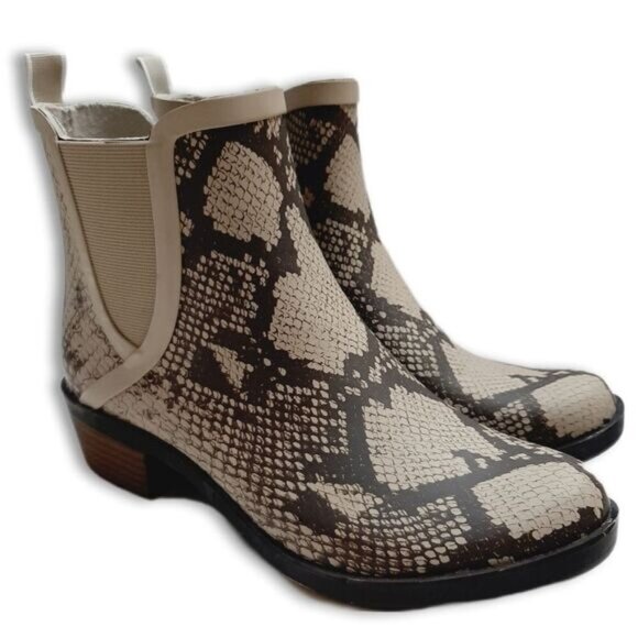 LUCKY BRAND Basel H2O Snakeskin Print Rain Boots Zip-Up Booties Tan Brown Sz 7 M - Picture 1 of 14